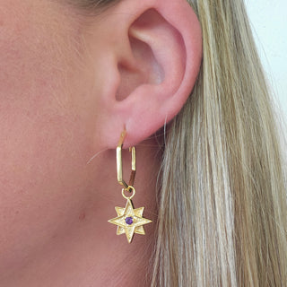 Hex Hoop Earrings with Amethyst Star Pendant - Gold