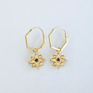 Hex Hoop Earrings with Amethyst Star Pendant - Gold