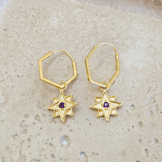 Hex Hoop Earrings with Amethyst Star Pendant - Gold