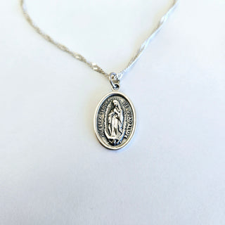 Mother Mary Pendant on a Singapore Twist Chain - Silver