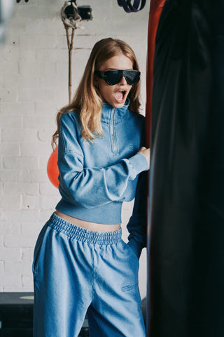 PREORDER Acid Wash 1/4 Zip Crop Jumper - Demin Blue
