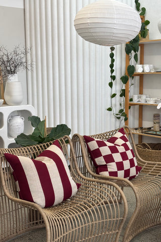 Checks/Stripe - 100% Linen Cushion Burgundy