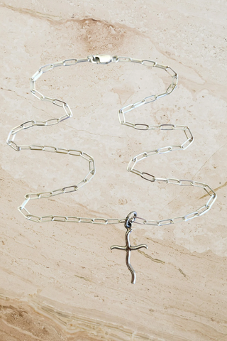 Curved Cross Pendant on a Paper Link Chain - Silver