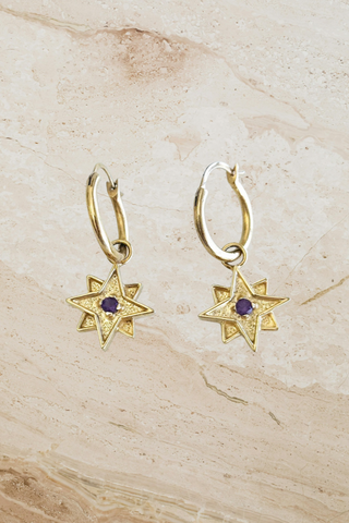 Round Hoop with Aquamarine Star Pendant - Gold