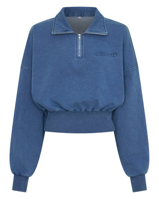 PREORDER Acid Wash 1/4 Zip Crop Jumper - Demin Blue