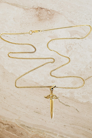 Winged Dagger Pendant on a Cable Link Chain - Gold