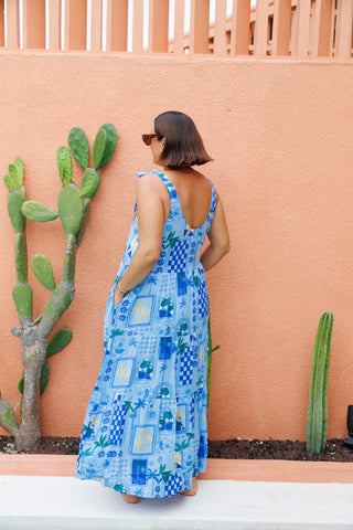 Bonita Shoulder Tie Maxi Dress - Blue Tropicana