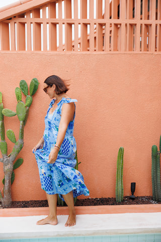 Bonita Shoulder Tie Maxi Dress - Blue Tropicana