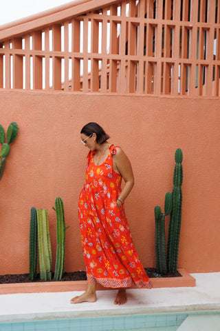 Bonita Shoulder Tie Maxi Dress - Orange Tequila