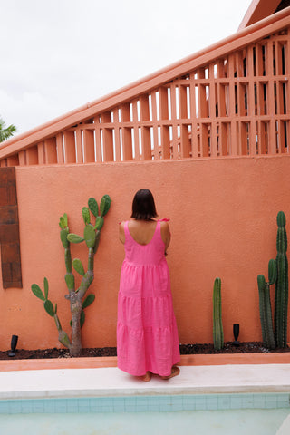 Bonita Shoulder Tie Maxi Dress - Pink Linen