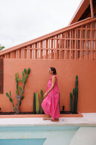 Bonita Shoulder Tie Maxi Dress - Pink Linen