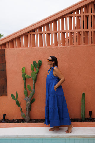 Bonita Shoulder Tie Maxi Dress - Blue Linen