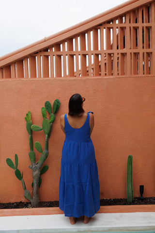 Bonita Shoulder Tie Maxi Dress - Blue Linen