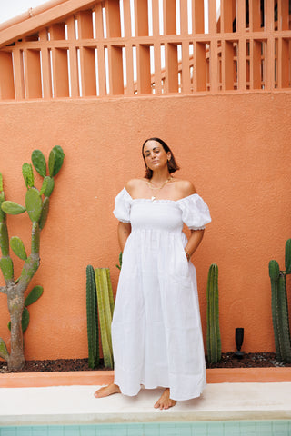 Putri Off-Shoulder Puff Sleeve Linen Maxi Dress - White