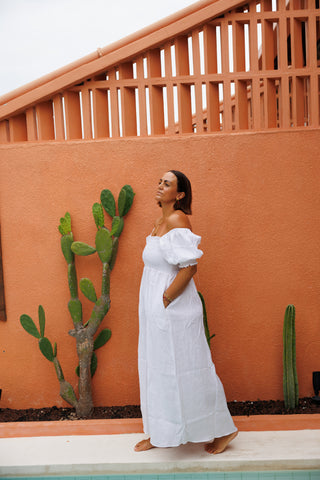 Putri Off-Shoulder Puff Sleeve Linen Maxi Dress - White