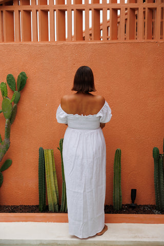 Putri Off-Shoulder Puff Sleeve Linen Maxi Dress - White