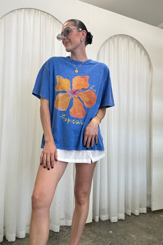 Le Fleur Tropical Acid Wash Oversize Tee - Light Blue