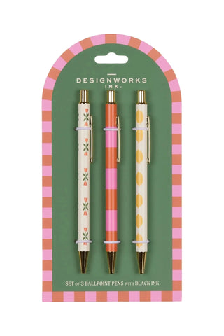 Set of 3 Pens - Flower, Stripe, Lemon