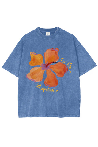 Le Fleur Tropical Acid Wash Oversize Tee - Light Blue