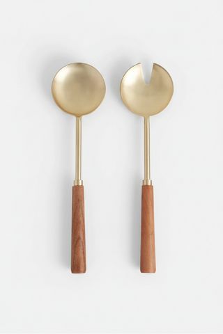 Acacia Wood & Stainless Steel Salad Servers - Gold & Walnut