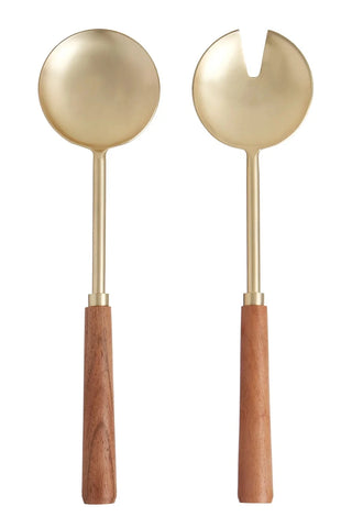 Acacia Wood & Stainless Steel Salad Servers - Gold & Walnut